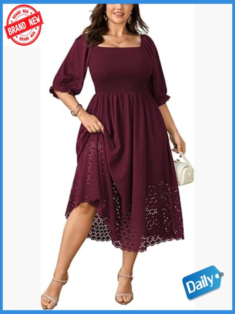 Plus Size Maxi Dress Square Neck Short Sleeve Smocked A-Line Boho Bridal Guest